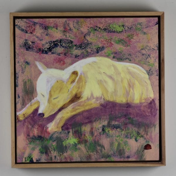 Framed view of A sleeping arctic wolf rests on the barren tundra. Mountain. Rose, Pink, Purple, Yellow, Green. Large Painting by artist Donald Ryker in textured expressionist impressionist art style with unique impasto glaze technique.