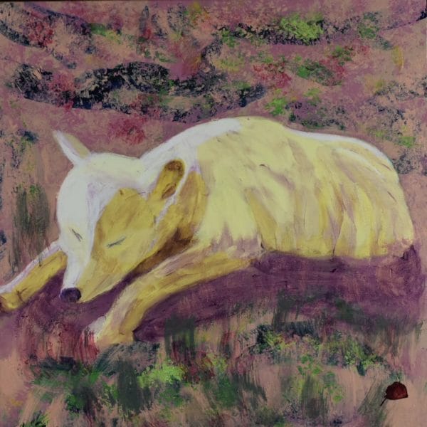 A sleeping arctic wolf rests on the barren tundra. Mountain. Rose, Pink, Purple, Yellow, Green. Large Painting by artist Donald Ryker in textured expressionist impressionist art style with unique impasto glaze technique.