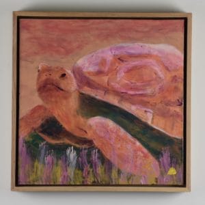 Framed View of A Terra Cotta and Rose colored Tortoise paces through the desert sand. Desert. Peach, Pink, Orange, Yellow. Large Painting by artist Donald Ryker in textured expressionist impressionist art style with unique impasto glaze technique.