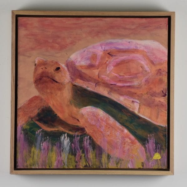 Framed View of A Terra Cotta and Rose colored Tortoise paces through the desert sand. Desert. Peach, Pink, Orange, Yellow. Large Painting by artist Donald Ryker in textured expressionist impressionist art style with unique impasto glaze technique.