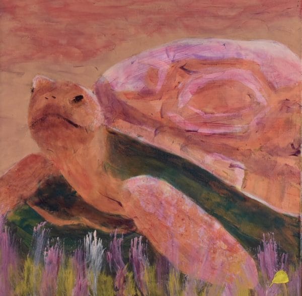 A Terra Cotta and Rose colored Tortoise paces through the desert sand. Desert. Peach, Pink, Orange, Yellow. Large Painting by artist Donald Ryker in textured expressionist impressionist art style with unique impasto glaze technique.