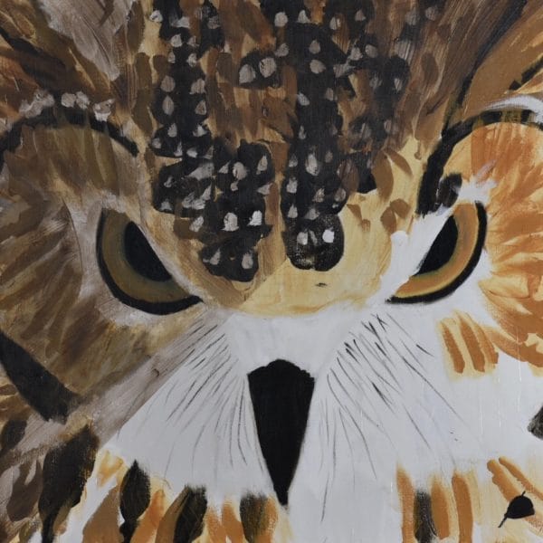The stern face of an owl half in light and half in shadow painted in neutral shades. Brown, Black, White, Neutral. Large Painting by artist Donald Ryker in textured expressionist impressionist art style with unique impasto glaze technique.