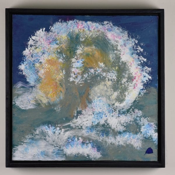Framed view of A large sunlit wave pulls up ochre sand and crests and tumbles into the surf of smaller waves on the ocean. Ocean. White, gray, pastels, ochre. Large Painting by artist Donald Ryker in textured expressionist impressionist art style with unique impasto glaze technique.