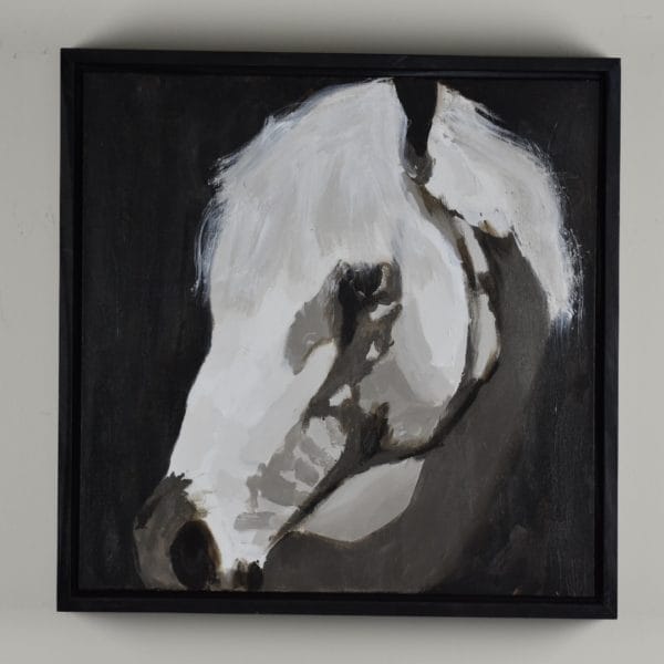 Framed view - Light falls gently on the profile of a beautiful white horse in shadow. Taupe and white. Large Painting by artist Donald Ryker in textured expressionist impressionist art style with unique impasto glaze technique.