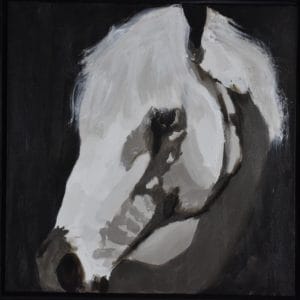 Light falls gently on the profile of a beautiful white horse in shadow. Taupe and white. Large Painting by artist Donald Ryker in textured expressionist impressionist art style with unique impasto glaze technique.