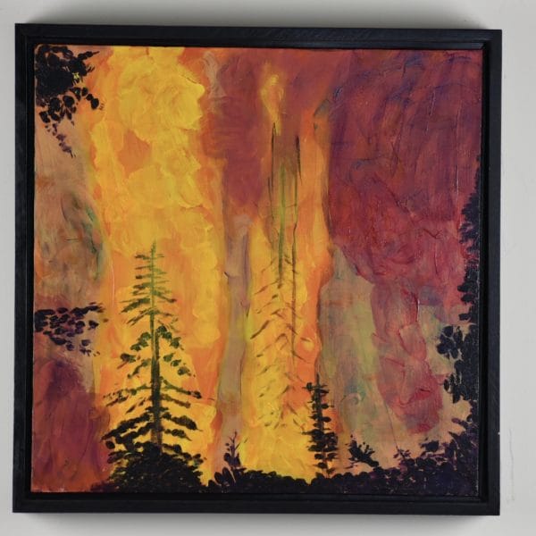 Framed view of Pines burn in a roaring blaze as a fire consumes the forest. Yellow, Orange, Red, purple. Large Painting by artist Donald Ryker in textured expressionist impressionist art style with unique impasto glaze technique.