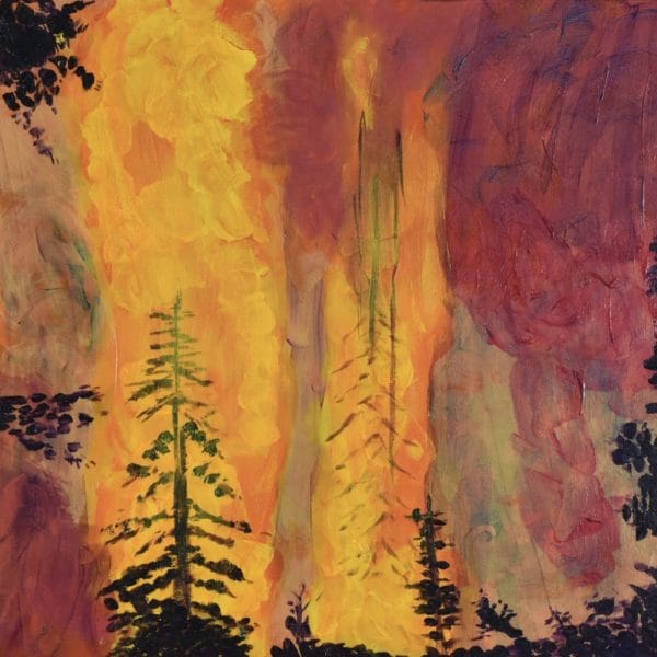 Pines burn in a roaring blaze as a fire consumes the forest. Yellow, Orange, Red, purple. Large Painting by artist Donald Ryker in textured expressionist impressionist art style with unique impasto glaze technique.