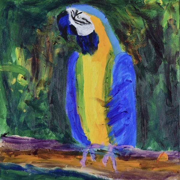 A blue and yellow parrot sits tall on a tree branch sternly keeping watch over his jungle surroundings. Blue, yellow, purple, green orange. Large Painting by artist Donald Ryker in textured expressionist impressionist art style with unique impasto glaze technique.