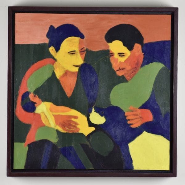 A mother and father sit with their newborn baby and pet dog painted in primary colors to show the light and dark sections. Large Painting by artist Donald Ryker in textured expressionist impressionist art style with unique impasto glaze technique.