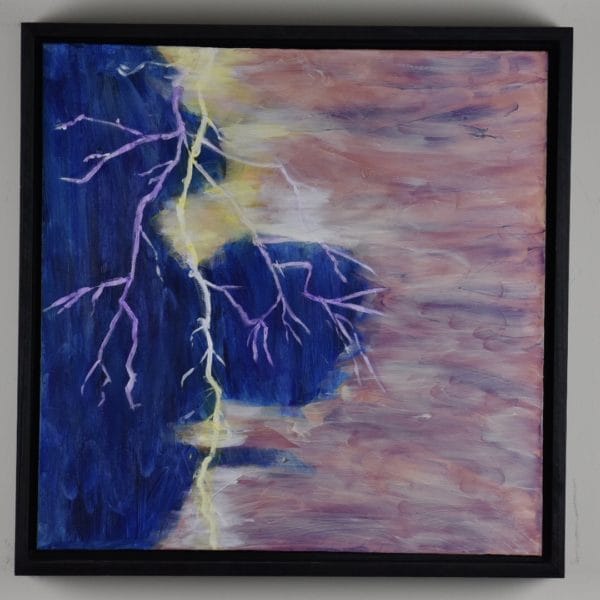 Framed view of A bolt of lightening flashes against a blue sky and stormy cloud. Blue, pink, purple, yellow. Large Painting by artist Donald Ryker in textured expressionist impressionist art style with unique impasto glaze technique.