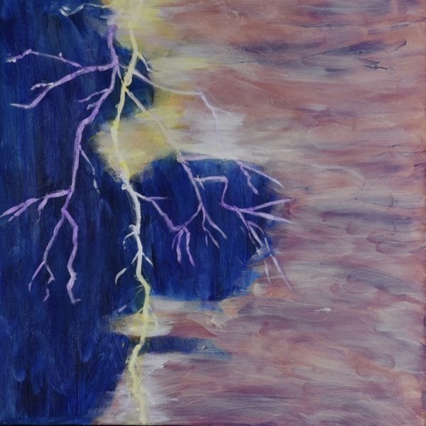 A bolt of lightening flashes against a blue sky and stormy cloud. Blue, pink, purple, yellow. Large Painting by artist Donald Ryker in textured expressionist impressionist art style with unique impasto glaze technique.