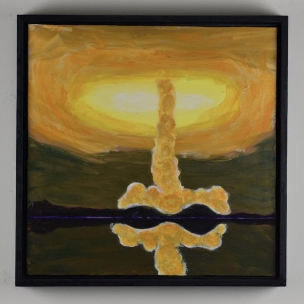 Framed view Sunlight glows through the vortex of a swirling golden tornado with a reflection in the water in the foreground. Gold, Yellow, Peach, green purple. Large Painting by artist Donald Ryker in textured expressionist impressionist art style with unique impasto glaze technique.