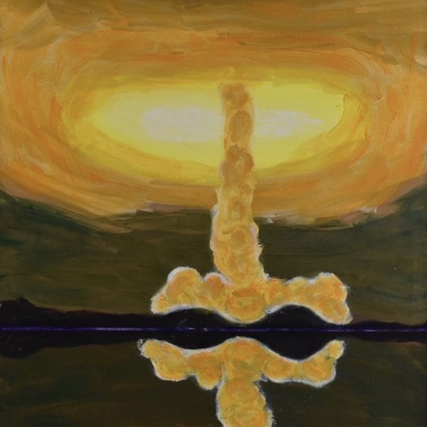 Sunlight glows through the vortex of a swirling golden tornado with a reflection in the water in the foreground. Gold, Yellow, Peach, green purple. Large Painting by artist Donald Ryker in textured expressionist impressionist art style with unique impasto glaze technique.