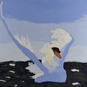 A lavender swan with wings spread settles onto the ocean with a periwinkle sky in the background. Ocean. Purple, pastel, white. Large Painting by artist Donald Ryker in textured expressionist impressionist art style with unique impasto glaze technique.