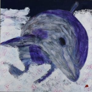 A gray and purple dolphin leaps through the foaming waves. Large Painting by artist Donald Ryker in textured expressionist impressionist art style with unique impasto glaze technique.