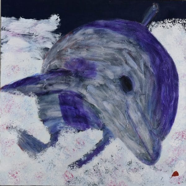 A gray and purple dolphin leaps through the foaming waves. Large Painting by artist Donald Ryker in textured expressionist impressionist art style with unique impasto glaze technique.
