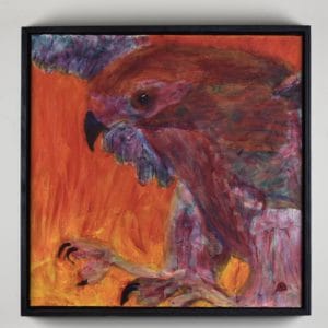 Framed View of a ruby red Hawk descending through flames with talons outstretched. Red, Orange, Purple. Large Painting by artist Donald Ryker in textured expressionist impressionist art style with unique impasto glaze technique.