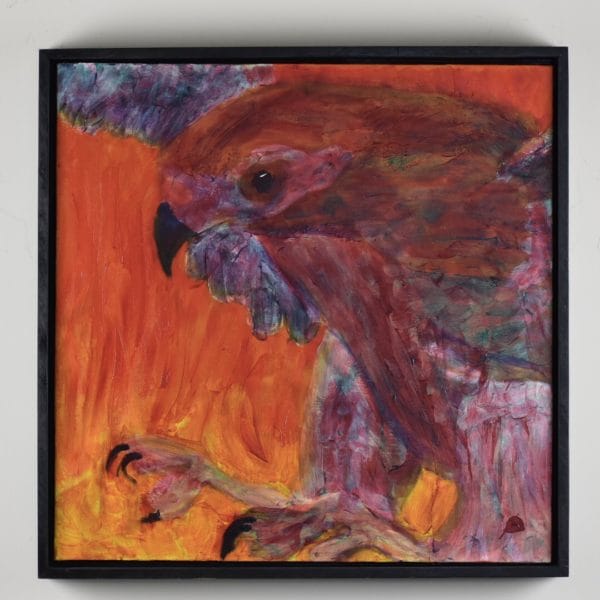 Framed View of a ruby red Hawk descending through flames with talons outstretched. Red, Orange, Purple. Large Painting by artist Donald Ryker in textured expressionist impressionist art style with unique impasto glaze technique.