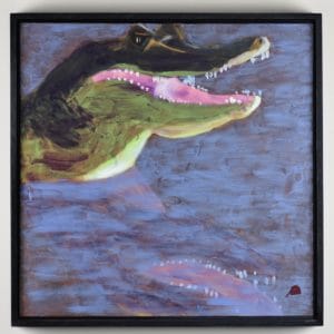 Monet's Water Lilly colors in the fierce form of a crocodile with a reflection in the lake water. brown Green, Pink, blue. Large Painting by artist Donald Ryker in textured expressionist impressionist art style with unique impasto glaze technique.