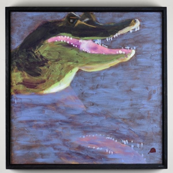 Monet's Water Lilly colors in the fierce form of a crocodile with a reflection in the lake water. brown Green, Pink, blue. Large Painting by artist Donald Ryker in textured expressionist impressionist art style with unique impasto glaze technique.
