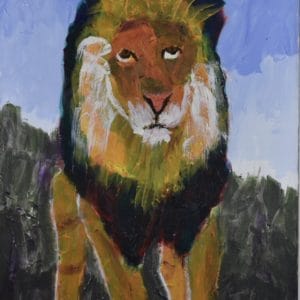 The full figure of a somber lion paces forward against a green mountain background and periwinkle blue sky. Mountain. Gold, Yellow, Purple, Green, Blue. Large Painting by artist Donald Ryker in textured expressionist impressionist art style with unique impasto glaze technique.