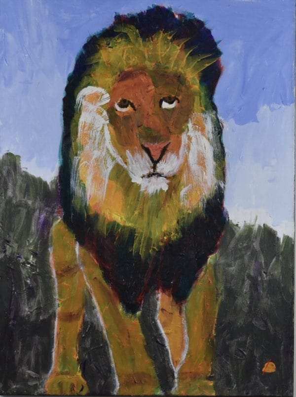The full figure of a somber lion paces forward against a green mountain background and periwinkle blue sky. Mountain. Gold, Yellow, Purple, Green, Blue. Large Painting by artist Donald Ryker in textured expressionist impressionist art style with unique impasto glaze technique.