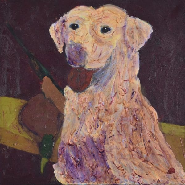Excited yellow lab hunting dog in the foreground with boat, gun, and trophy in the background. Golden, dark neutrals. Large Painting by artist Donald Ryker in textured expressionist impressionist art style with unique impasto glaze technique.