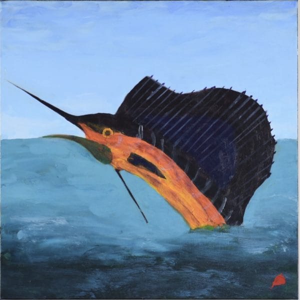 A glowing swordfish leaping out of the ocean. Large Painting by artist Donald Ryker in textured expressionist impressionist art style with unique impasto glaze technique.