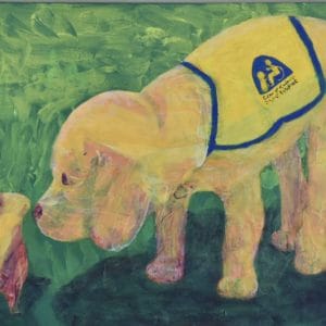 A Future service dog puppy meeting a guinea pig on the grass. Gold, Peach, Lavender, green, yellow. Large Painting by artist Donald Ryker in textured expressionist impressionist art style with unique impasto glaze technique.