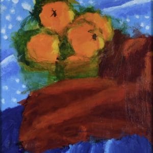 A still life of oranges in a green glass bowl on red and blue fabric. Large Painting by artist Donald Ryker in textured expressionist impressionist art style with unique impasto glaze technique.