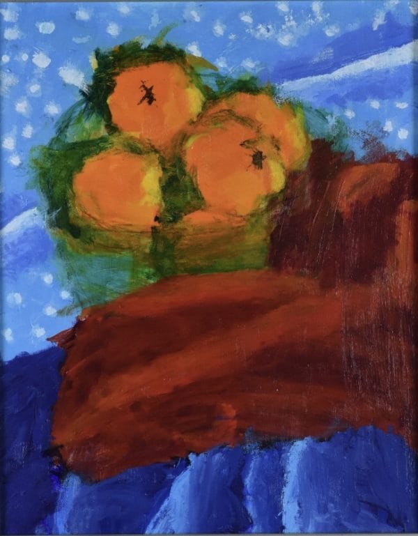 A still life of oranges in a green glass bowl on red and blue fabric. Large Painting by artist Donald Ryker in textured expressionist impressionist art style with unique impasto glaze technique.