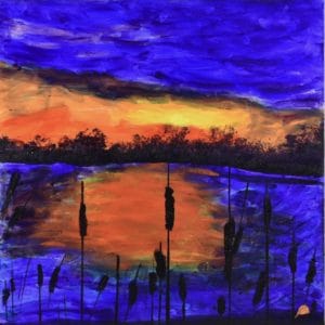 A vivid purple and orange sunset on the lake with pussy willows silhouetted in the the foreground. Mountain Forest. Pinetop, AZ. Purple, Orange. Large Painting by artist Donald Ryker in textured expressionist impressionist art style with unique impasto glaze technique.