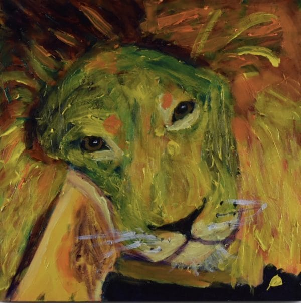 A resting lion lies with his head on his paws looking up with sleepy eyes. Jungle. Yellow, Orange. Large Painting by artist Donald Ryker in textured expressionist impressionist art style with unique impasto glaze technique.