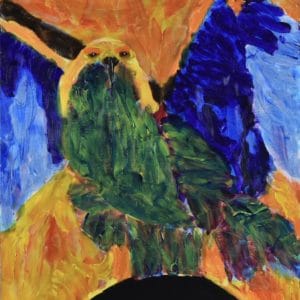A vibrantly colored bird of prey stands with wings outspread highlighted by flames. Fire. Green Blue, Black, Yellow, Orange, Red. Large Painting by artist Donald Ryker in textured expressionist impressionist art style with unique impasto glaze technique.