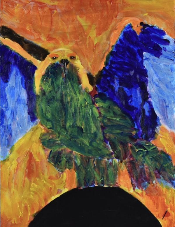 A vibrantly colored bird of prey stands with wings outspread highlighted by flames. Fire. Green Blue, Black, Yellow, Orange, Red. Large Painting by artist Donald Ryker in textured expressionist impressionist art style with unique impasto glaze technique.