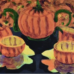 A Halloween themed tea set is displayed on a dark tablecloth with an orange stain-glassed window in the background. Orange, yellow, green, purple. Large Painting by artist Donald Ryker in textured expressionist impressionist art style with unique impasto glaze technique.