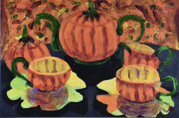 A Halloween themed tea set is displayed on a dark tablecloth with an orange stain-glassed window in the background. Orange, yellow, green, purple. Large Painting by artist Donald Ryker in textured expressionist impressionist art style with unique impasto glaze technique.