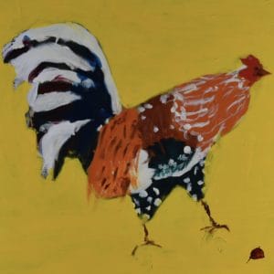 A Colorful rooster walking on a yellow background. Large Painting by artist Donald Ryker in textured expressionist impressionist art style with unique impasto glaze technique.