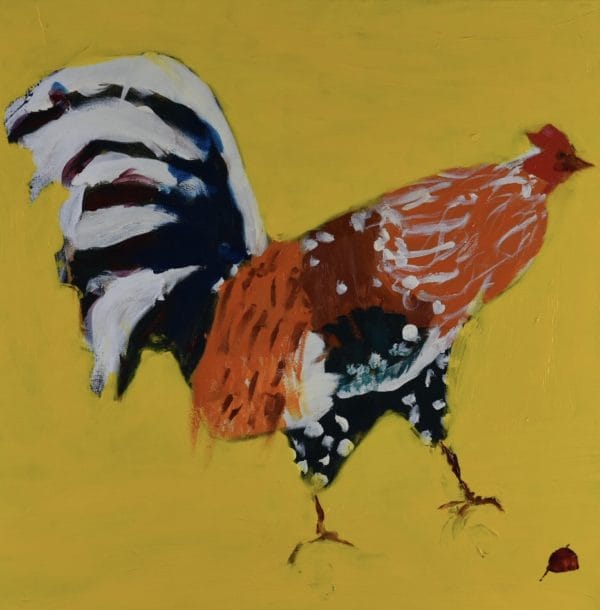 A Colorful rooster walking on a yellow background. Large Painting by artist Donald Ryker in textured expressionist impressionist art style with unique impasto glaze technique.