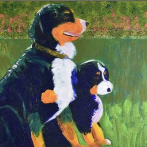 A Bernese mountain dog puppy and adult sit on a grassy lawn with impressionist coral flowers in the background. Blue, Orange, White, Green, Yellow. Large Painting by artist Donald Ryker in textured expressionist impressionist art style with unique impasto glaze technique.