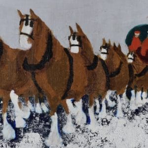 A team of Clydesdale horses are pulling the Christmas Tree home from the snowy mountains. Mountains. Brown, Navy, Gray, White. Large Painting by artist Donald Ryker in textured expressionist impressionist art style with unique impasto glaze technique.