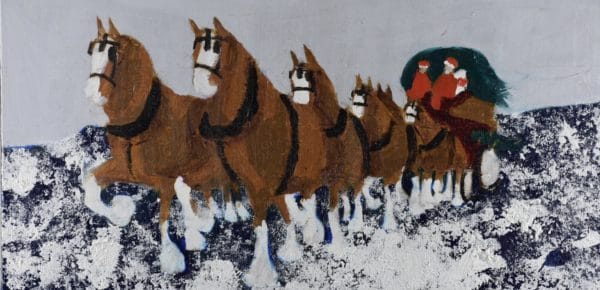 A team of Clydesdale horses are pulling the Christmas Tree home from the snowy mountains. Mountains. Brown, Navy, Gray, White. Large Painting by artist Donald Ryker in textured expressionist impressionist art style with unique impasto glaze technique.
