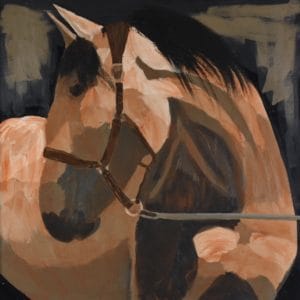 A stately mare wearing halter and lead rope bending her neck to look to the side. Western. Orange, Brown, Neutral tones. Large Painting by artist Donald Ryker in textured expressionist impressionist art style with unique impasto glaze technique.