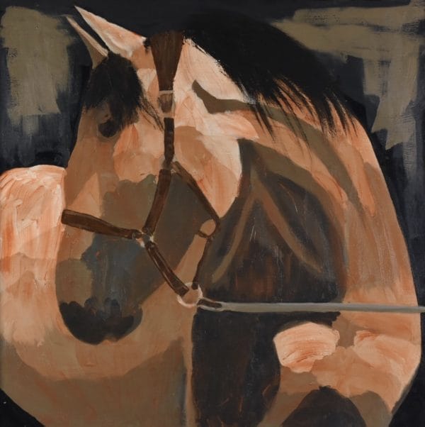 A stately mare wearing halter and lead rope bending her neck to look to the side. Western. Orange, Brown, Neutral tones. Large Painting by artist Donald Ryker in textured expressionist impressionist art style with unique impasto glaze technique.