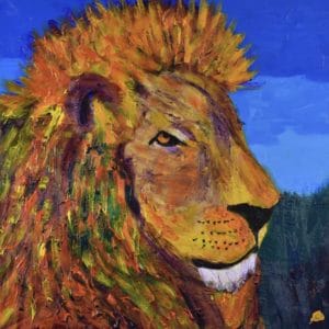 Profile of a dignified majestic lion in rainbow stained-glass colors with a backdrop of blue skies and forest. Large Painting by artist Donald Ryker in textured expressionist impressionist art style with unique impasto glaze technique.