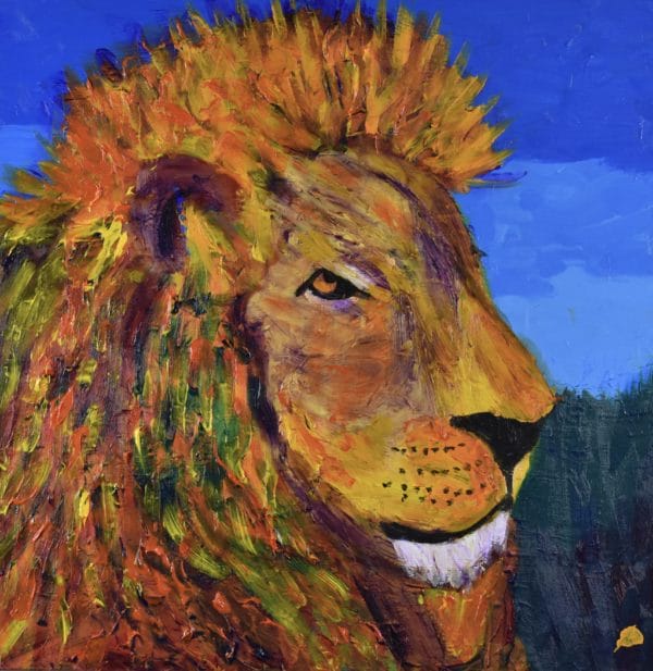 Profile of a dignified majestic lion in rainbow stained-glass colors with a backdrop of blue skies and forest. Large Painting by artist Donald Ryker in textured expressionist impressionist art style with unique impasto glaze technique.