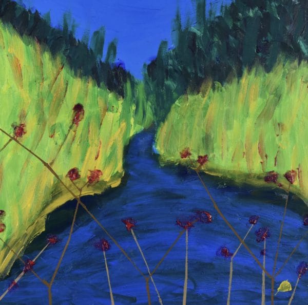 Soft field grasses part for a meandering stream with blue skies and forest covered mountains in the background and fuschsia pink flowers on tall stems in the foreground. Large Painting by artist Donald Ryker in textured expressionist impressionist art style with unique impasto glaze technique.