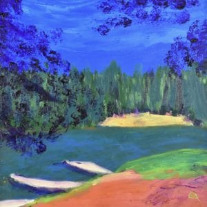 Sunny summer blue skies, green forest, and flowing waters are the backdrop to a path leading down the riverbank to the canoes and kayaks awaiting paddlers. Mountain forest. Pinetop, AZ. Blue, green, orange. Large Painting by artist Donald Ryker in textured expressionist impressionist art style with unique impasto glaze technique.