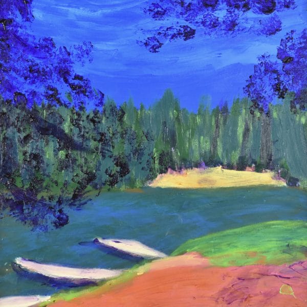 Sunny summer blue skies, green forest, and flowing waters are the backdrop to a path leading down the riverbank to the canoes and kayaks awaiting paddlers. Mountain forest. Pinetop, AZ. Blue, green, orange. Large Painting by artist Donald Ryker in textured expressionist impressionist art style with unique impasto glaze technique.