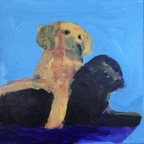 A yellow Lab puppy and a black lab puppy pause in their wrestling. Purple, Gold, Blue. Large Painting by artist Donald Ryker in textured expressionist impressionist art style with unique impasto glaze technique.